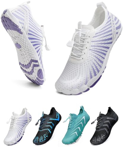 WateLves Zapatos Descalzos Todoterreno para Hombres Y Mujeres para Correr En El Agua para Nadar AcuáTicos Playa Transpirable Y Antideslizante(Blanco y Morado 38)