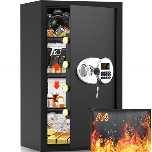 85L Extra Large Fireproof Safe Box with A4 Document Bag for Home & Office | Anti-theft Security Safe with LCD Digital Keypad & 3 Removable Shelf | 20KG Heavy Duty Home Safe for Money Firearm Valuable