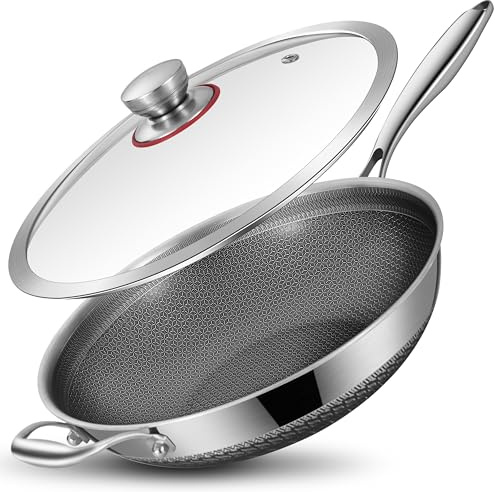 LOLYKITCH 30CM Tri-Ply Stainless Steel Wok Non Stick Pan with Lid | Hybrid Ceramic Coated Stir Fry Wok, Induction Ready Cookware, Oven Safe for Daily Cooking