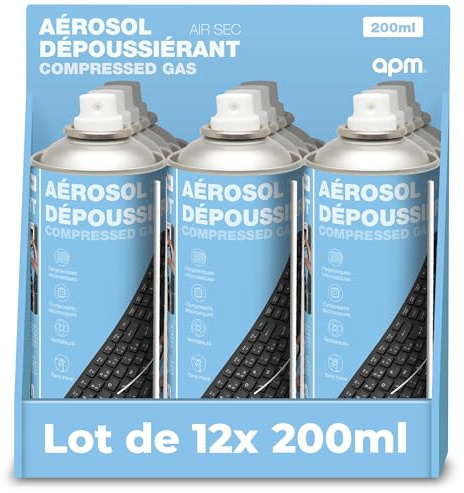 APM Lot 12 Bombes Air Sec 200ml, Aérosol Dépoussiérant Matériel Informatique, Spray Nettoyage Air Comprimé pour PC Clavier Mobile Appareil Photo et Composants électroniques, Buse de précision, 570055