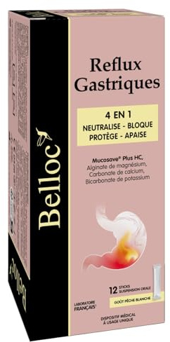 Belloc Reflux Gastriques Neutralise Bloque Protège Apaise x12 Sticks | Pour remontées acides, action 4en1 neutralise, bloque, protège et apaise, format nomade stick, goût pêche
