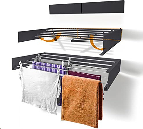 Almalero - Étendoir mural pliable anti-oxydants - Extérieur et intérieur - Qualité - 6 barres - Charge totale 27 kg - Gris industriel 100 cm