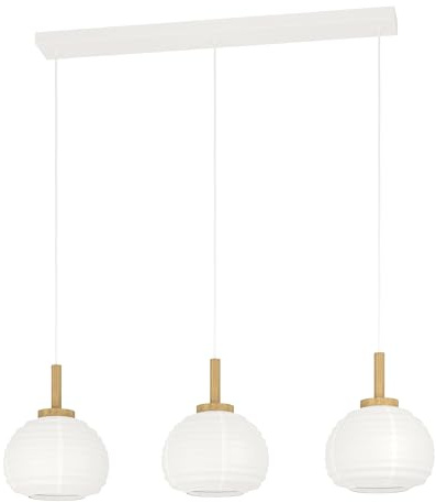 EGLO Hängelampe Summerhill, Pendelleuchte über Esstisch | Esszimmerlampe 3-flammig im Japan-Stil, Metall, Holz und Papier in Weiß, FSC-zertifiziert, E27 Fassung, 92,5 cm