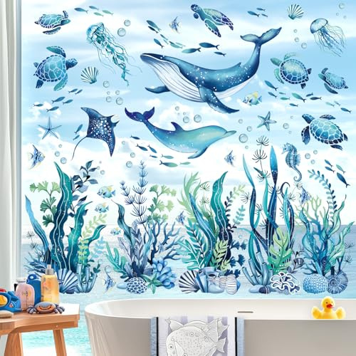 decalmile Fensterbilder Unterwasserwelt Seegras Delphin Fensteraufkleber | Statische Anti-Kollision Fensterdeko, Beidseitiger Druck, auf Beiden Seiten klar Sichtbar, Wasserdicht, Abnehmbar