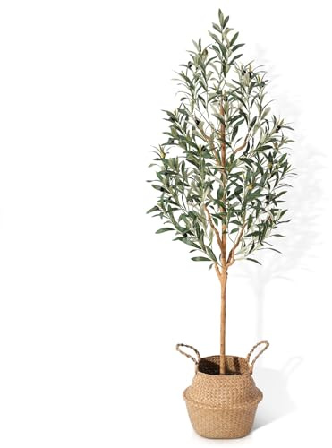 Olivo sintético de 5 pies – Plantas artificiales de interior con tronco de madera real y cesta de hierba marina, hojas y frutas de seda realistas, árboles falsos grandes en maceta para decoración del