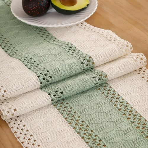 Runner Tavola Moderno in Lino Cotone, Centrino Rettangolare Macramè Boho Vintage Matrimoni Decorazione Table Runner per Doccia Nuziale di Nozze Tavola da Pranzo 30 × 183 cm Bianco Verde