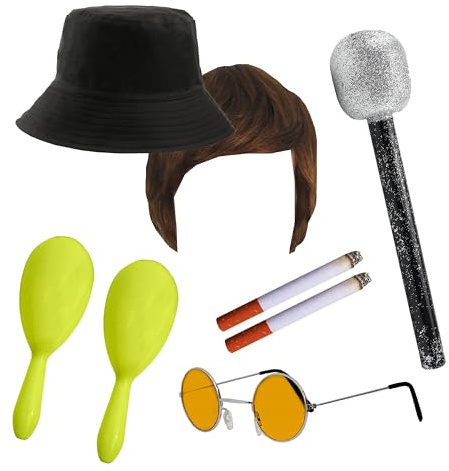 Erwachsene Rock Band Zubehör Set - Braune Perücke, Reversible England Bucket Hat, Orange Brille, Gelbe Maracas, Mikrofon, Fake Zigaretten - Erwachsene Musik Best of British Party Kostüm Zubehör Set