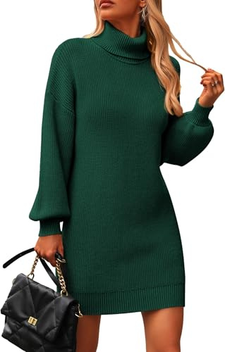 Zeagoo Robe Pull Femme Manche Longue Col Roulé Tricot Robes Hiver Chic et Elegant Moulante Mini Robe Vert S