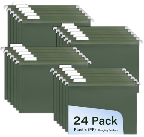 WORPSON 24 Pcs, A4 Suspension Files, Olive Green Plastic Hanging File Folders for Filing Cabinets, with Tabs & Card Inserts, Ideal for Office, School, and Home Organization (24 Pcs, Olive Green)