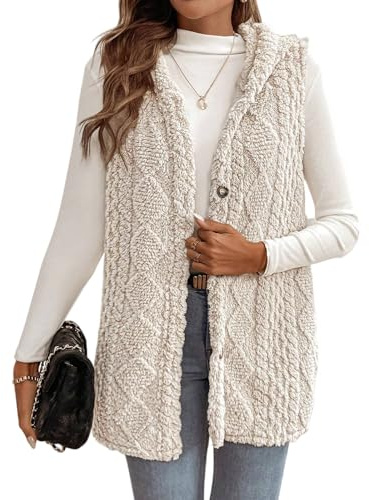 FUPODD Teddy Weste Damen Lang Fleece Damen-Westen Ärmellos Mit Kapuze Fleeceweste Winter Mittellang Teddyfleece Longweste Leicht Flauschig Teddywesten Frauen Kuschelig Teddyfell Plüschweste Knöpfe