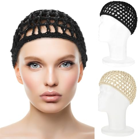 WLLHYF 2 STÜCKE Haarnetze Mütze Schlafen Haarnetz Snoods Wrap Bonnets Lange Gerade Locken Perücke Kopfschutz Schwarz Mesh Wrapping Häkelwelle Kochmützen Weben Nähen Für Frauen