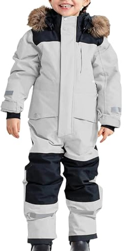 Mono de Nieve para Niños, Traje de Esquí Cálido de Una Pieza para Niños y Niñas, Traje de Nieve Impermeable para Invierno, Cálido, Transpirable, con Capucha, con Cremallera, (Light Gray, 10-11 Years)