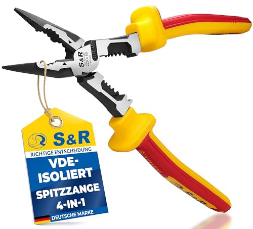 S&R Alicate de Punta Plana Larga 220 mm VDE aislados 1000 V – Alicate Electricista multiunción. Alicate de corte y pelacable para cable de alambre y aluminio