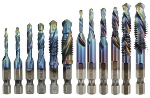 Tidevib Lot de 12 tarauds et forets M3-M10 à tige hexagonale en acier rapide et filetage métrique Bleu