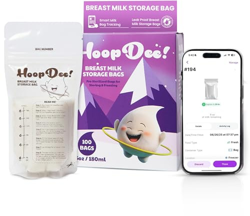HoopDee Breast Milk Storage Bags Freezer Safe & Leak Proof BPA-Free Breastmilk Bags for Pumping & Storing, Pre-Sterilized Reusable BreastMilk Storage Bag with Free App Integration for Baby Feeding