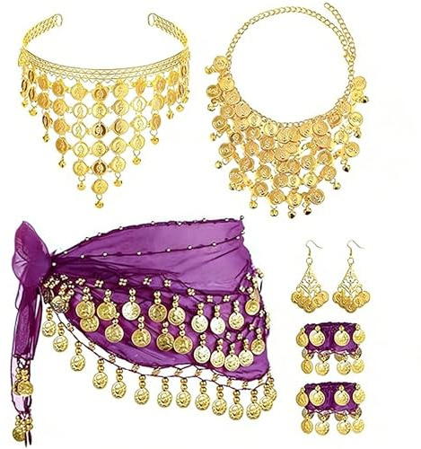 MINGZE 7 Ceinture Danse Orientale, Robe Danse Orientale avec Boucles d'Oreilles, Collier, Bracelets et Bijoux de Tête, Danseuse du Ventre Bijoux pour Spectacles de Scène