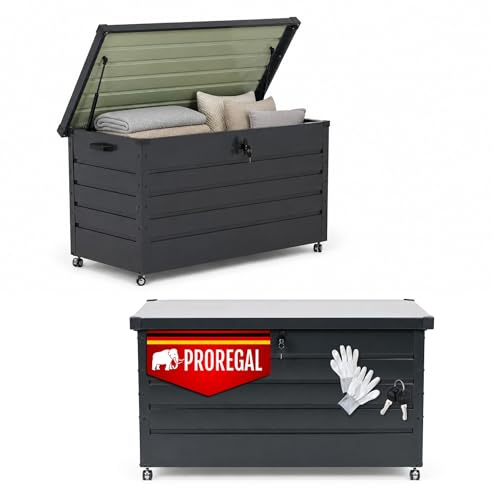 PROREGAL Gartenbox wasserdicht WOLF XXL mit Rollen Outdoor 350L aus Metall Auflagenbox wetterfest & abschließbar mit Gasdruckfeder Anthrazit Aufbewahrungsbox 120cm für Garten Balkon Keller