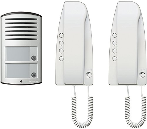 Bticino 363221 Kit Citofono Bifamiliare, 1 Pulsantiera Esterna LINEA 2000 con 2 Campanelli, 2 Posti Interni con Cornetta e Alimentatore, Installazione a Parete, Robusto e Funzionale, Colore Alluminio