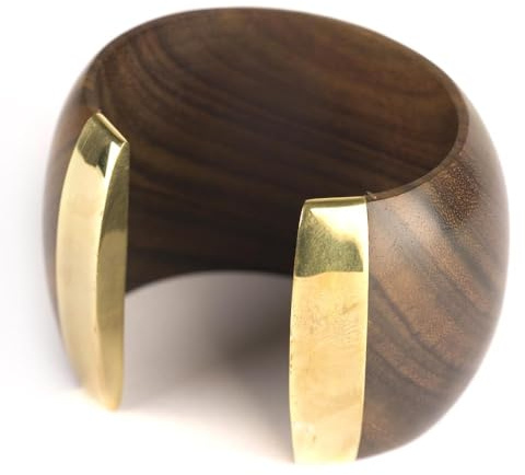 81stgeneration Klobiger Holzarmreif mit Goldfarbenen Messingenden | Breiter Armreif aus Holz für Damen | Erdiger Boho Tribal Statement Schmuck | Boho-Armband in Kräftigem Braun