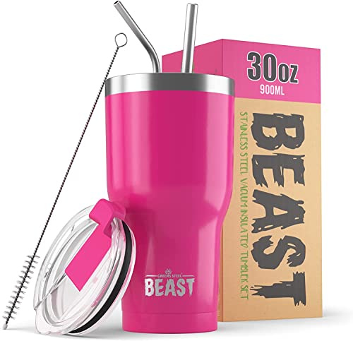 Beast Tumbler - 900 ml (30 oz), Cup Cake Pink | Reusable Stainless Steel, Vacuum Insulated Cup | with + 2 Straws & Cleaning Brush | Double Wall Travel Flask Perfect for Hot or Iced Coffee | BPA Free