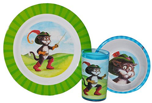 alles-meine.de GmbH 3 TLG. Geschirrset Der gestiefelte Kater - Melamin Trinkbecher + Teller + Müslischale - Kindergeschirr Frühstücksset - Jungen Mädchen Geschirr - Märchen K..