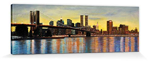 1art1 New York Poster Brooklyn Bridge Bei Morgenröte Mit Skyline Bilder Leinwand-Bild Auf Keilrahmen | XXL-Wandbild Poster Kunstdruck Als Leinwandbild 150x50 cm