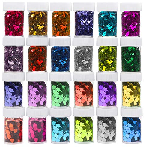 Kurtzy 24 STK Pailletten Sterne & Herzen Sequin Dosen – Bunte Glitzer Glitter Pailetten Cup Set – Lose Pailletten Schalen für Slime, Scrapbooking, zum Basteln, Nageldesign, Schule, Schminken, Party