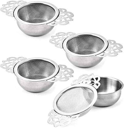 Vankcp 4 Set Tea Strainers with Drip Bowls Loose Leaf Tea Strainers