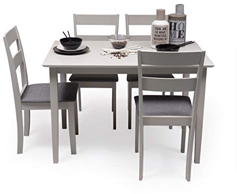 Homely - Conjunto de Comedor Kansas & Dallas Gray Mesa de Comedor de Madera lacada en Gris de 112x72 cm y 4 sillas de Comedor de Madera lacadas en Gris y Asiento tapizado de Tela Gris Oscuro
