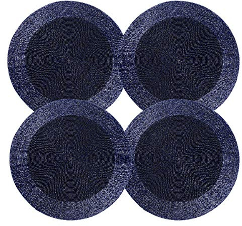 Farmhouse Beaded Placemat 4 Pack - Round Hand-Made Charger by Skilled Artisans - Beautiful Complement to Dinner Table Décor - Navy - 13 Inch (32 CM) Round | Beaded Placemats - Set of 4, Round Handmade Charger Mats - Elegant Decorative Table Décor for Weddings, Holidays & Parties