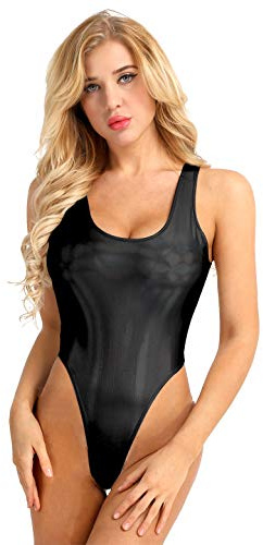 Aiihoo Women's One Piece Shiny Metallic Monokini Swimsuit Sleeveless High Cut Thong Bodysuit Leotard Swimwear Black XL
