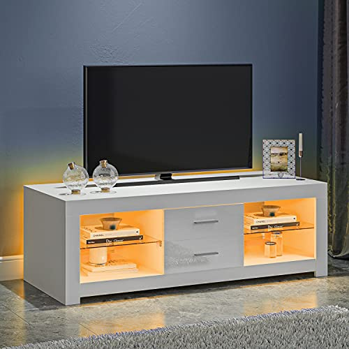 Panana 120cm TV Stand 2Drawer 2 Glass Shelves with LED Lights TV Cabinet (white, 120cm)