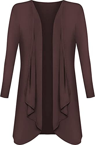 Brezza Plus Size Womens Plain Long Sleeve Waterfall Boyfriend Open Front Cardigan New Ladies Hanky Hem Jersey Top UK 8-26 Brown