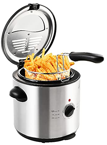 BHFRYU Electric Deep Fryer 1.5L Tank Deep Fat Fryer with Viewing Window Temperature Up to 190°C Stainless Steel Chip Fryer Cold Zone Technology Removable Oil Basket Automatic Fryer 1000W