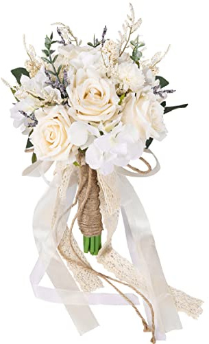 CEWOR Wedding Bouquets for Bride Bridesmaid, White Champagne Artificial Roses Flowers Wedding Decoration (7.5in)