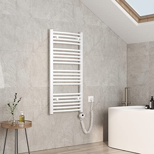 EMKE Scaldasalviette elettrico, 100 x 50 cm, curvo, scaldasalviette elettrico, con termostato, scaldasalviette elettrico, con barra riscaldante, bianco, 500 Watt