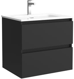 Mueble de baño Bequia 70 cm con Lavabo 100% montado de fábrica | Acabado Negro Mate suspendido 2 cajones Cierre amortiguado Apertura con uñero | Lavabo Porcelana Blanca | Marca Salgar