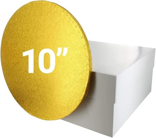 Culpitt 10 Gold Cake Board & White Box Combo, Round Drum With Matching, 0.5'' (13mm) Thick, Square Transport, 10 Inch Single Pack, 90271