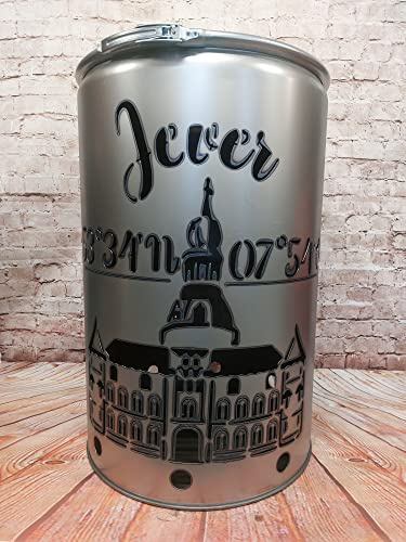 Fuchsbau Feuertonnen Feuertonne mit - Jever - Motiv - Gefertigt aus neuem Ölfass - Besondere Feuerstelle für Garten und Terrasse - Hohe Feuerschale mit Rostoptik - 90 x 60 cm