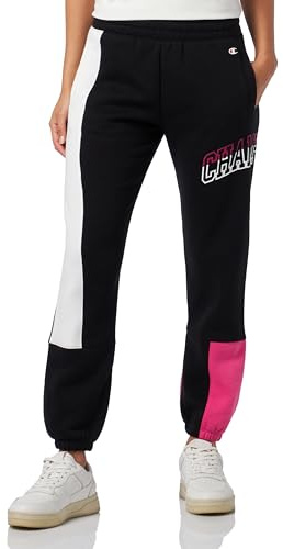 Champion Legacy Color Punch W-Light Powerblend Fleece High-Waist Elastic Cuff Pantalones de chándal para Mujer, Negro/Off White/Fucsia, XS