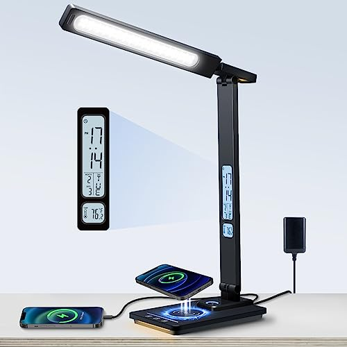 Lampada da Scrivania LED Tavolo Touch Control 3 Modalità 5 Livelli Luminosità Wireless USB Ricaricabile Telefono Luce Lettura Cameretta Ufficio LCD Calendario Temperatura Sveglia (5 Colore Nera)