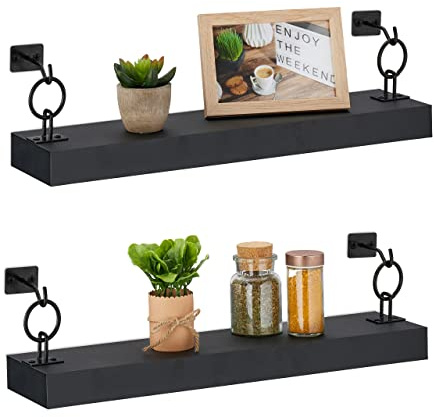 Relaxdays Wandregal, 2er Set, HxBxT: 13 x 48 x 12 cm, Wandablage Flur, hängend, Regalbrett Deko, MDF & Metall, schwarz | Wandablage Flur, hängend, Regalbrett Deko, MDF & Metall