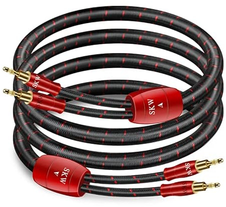SKW 2m Lautsprecherkabel Set (Paar) – 14 AWG OFC Kupfer, geschirmt, vergoldete Bananenstecker & Gabelschuhe, geflochtenes Baumwollgewebe, rot