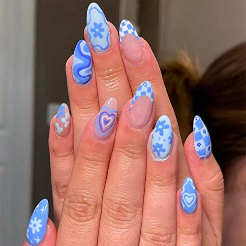 24Pcs Press on Nails - Fake Nails Blue Whirlpool Love Heart Design Wearable Nail Arts - For Women Girls DIY Removable False Nails Art (Blue with Heart & Flower)