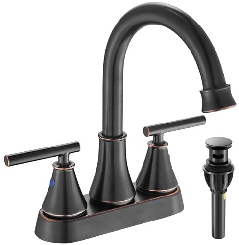 Grifo de lavabo de baño de 4 pulgadas, 2 asas, centro de bronce aceitado, sin plomo, moderno grifo de baño con tapón de drenaje emergente y mangueras de suministro
