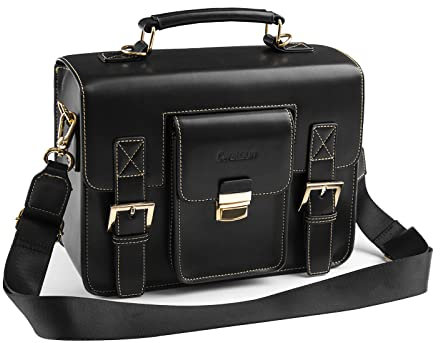 Cwatcun Leather Camera Bag Compact Camera Bag for Women, Vintage Small Camera Purse Case, Travel Photography Bag for Canon, Nikon, Sony, Fuji DSLR/SLR/Mirrorless Cameras, Lens and Accessories