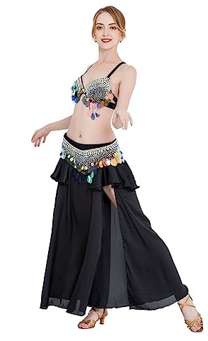 ROYAL SMEELA Quaste Bauchtanz kostüm Frauen Strass Bauchtanz BH gürtel und Rock DREI Stück Kostueme Fuer den Bauchtanz schwarz Bauch tanzen Kostuem Fuer Frauen Bauchtanz Set Damen bauchtänzer Kostum