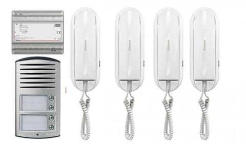 BTICINO Kit Interfonico 4 Famiglie 2 Fili Sprint, Pulsantiera a 4, 4 Cornette, Alimentatore, 4 Configuratori