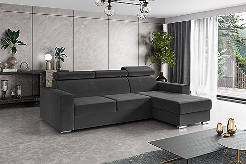 ALTDECOR Ecksofa rechts mit Schlaffunktion und Bettkasten mit Gasdruckfeder, Polstercouch in L-Form rechts angeordnet, rückenecht gepolstert, ideal als Gästebett - FIX - 242x168 cm Dunkelgrau