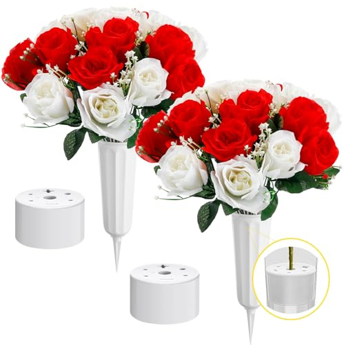 Hotop 2 Sets Memorial Day Flowers for Cemetery Artificial Cemetery Flowers for Grave Funeral Patriotic Arrangements Bouquet Decoration with Vase(Red and White)